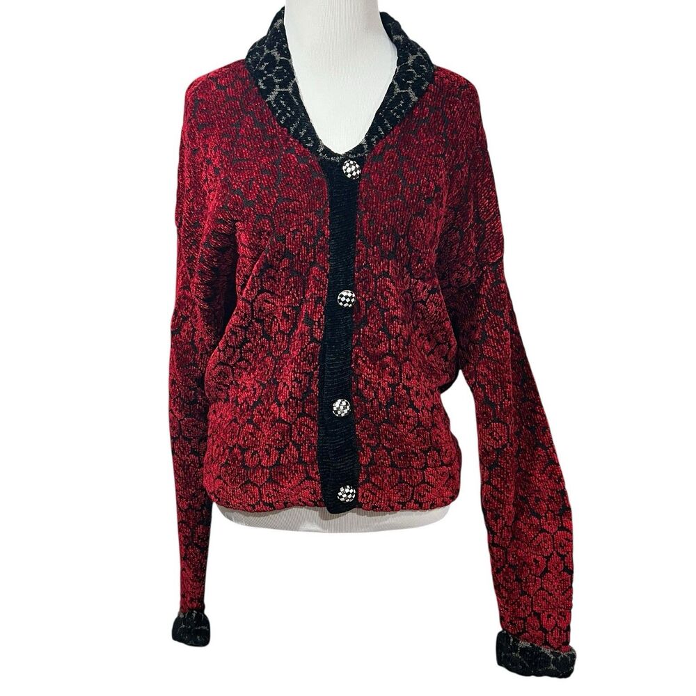 Vintage Dia Cardigan Sweater L Red Black Chenille Wool USA Unique Button Grandma